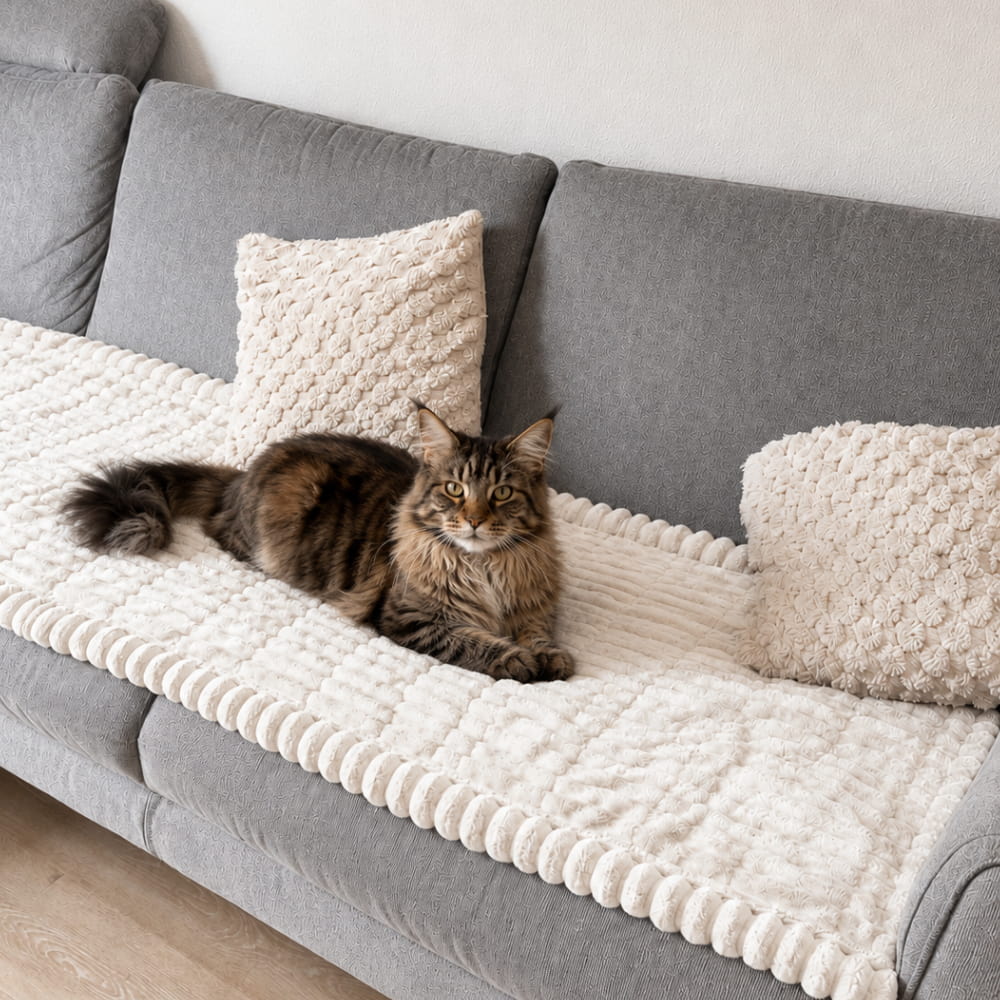 Getigerte Katze liegt auf einer cremeweißen, gerippten Sofadecke, die die Sitzfläche eines grauen Sofas schützt. 4