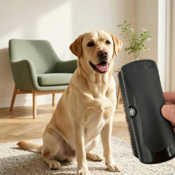 Eine Hand hält den schwarzen Kamm mit Gummigriff vor einen sitzenden hellen Labrador in einem Wohnzimmer mit grünem Sessel. 1