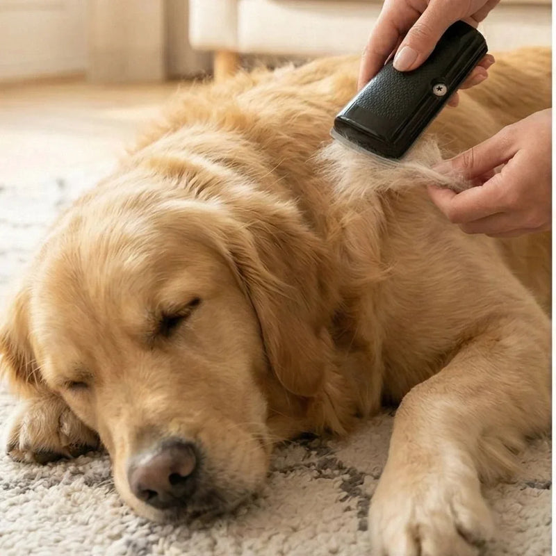 Nahaufnahme: Der Kamm zieht lose, helle Unterwolle aus dem Fell eines schlafenden Golden Retrievers auf einem Teppich. 4