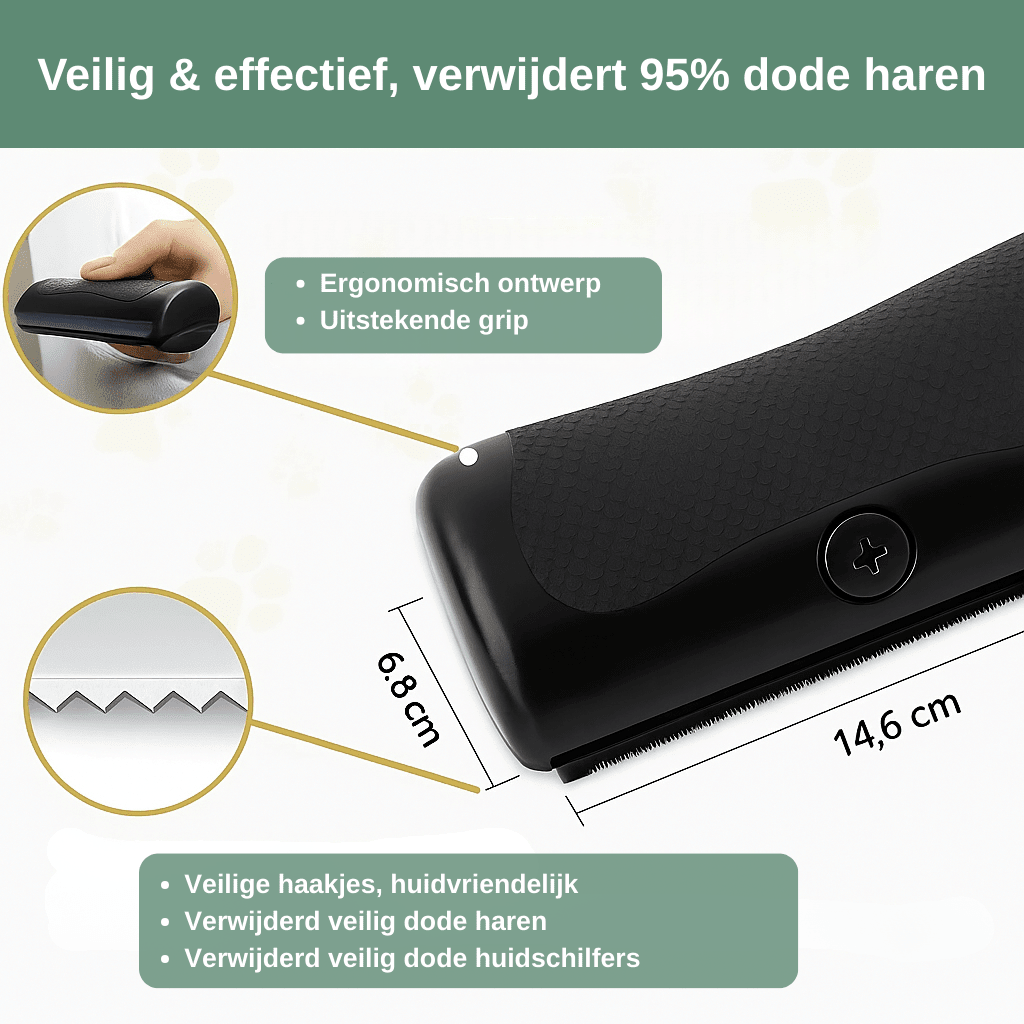 Infografik mit dem schwarzen Kamm, Detailkreisen zu Griff und gezackter Klinge sowie eingezeichneten Maßen von 6,8 mal 14,6 Zentimetern. 5