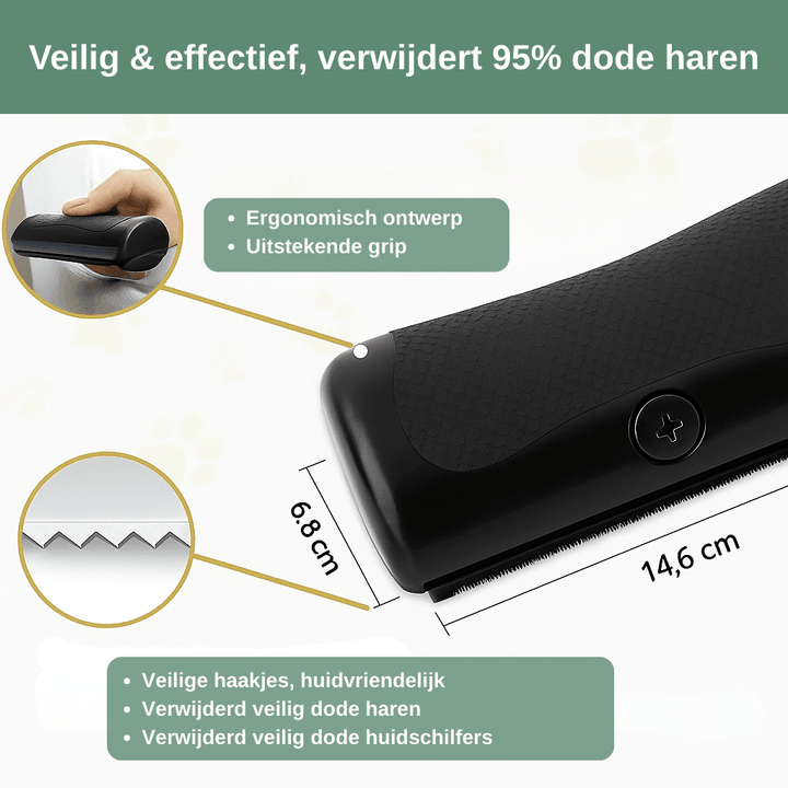 Infografik mit dem schwarzen Kamm, Detailkreisen zu Griff und gezackter Klinge sowie eingezeichneten Maßen von 6,8 mal 14,6 Zentimetern. 5