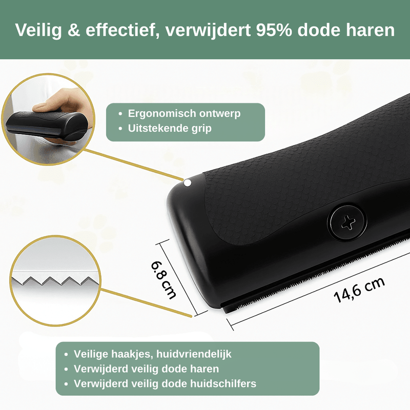 Infografik mit dem schwarzen Kamm, Detailkreisen zu Griff und gezackter Klinge sowie eingezeichneten Maßen von 6,8 mal 14,6 Zentimetern. 5