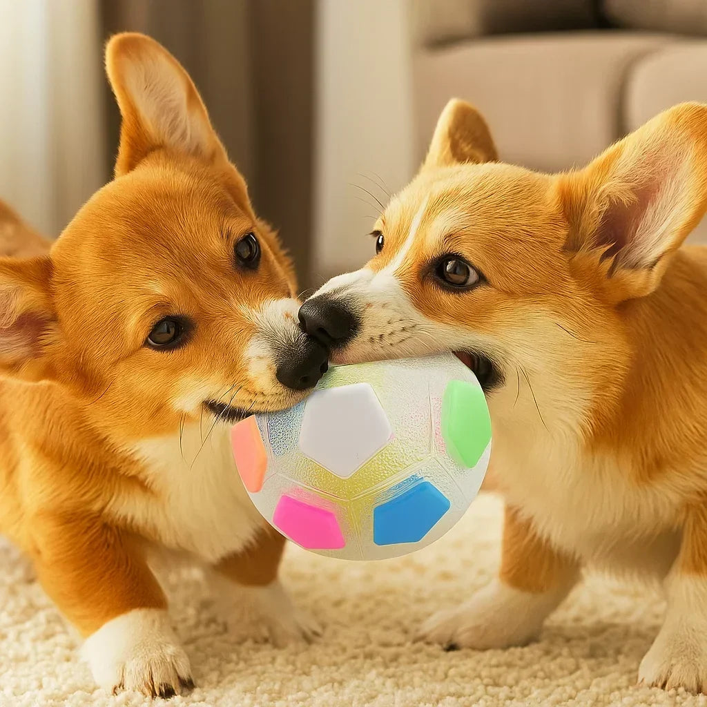 Zwei Corgis halten gemeinsam einen hellen, durchscheinenden Ball mit bunten fünfeckigen Feldern im Maul und spielen auf einem flauschigen Teppich. 9