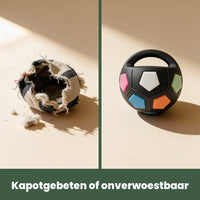 Vergleichsbild: links ein zerfetzter Stoffball mit Fasern, rechts der unversehrte schwarze Ball mit bunten Feldern und Griff. 6