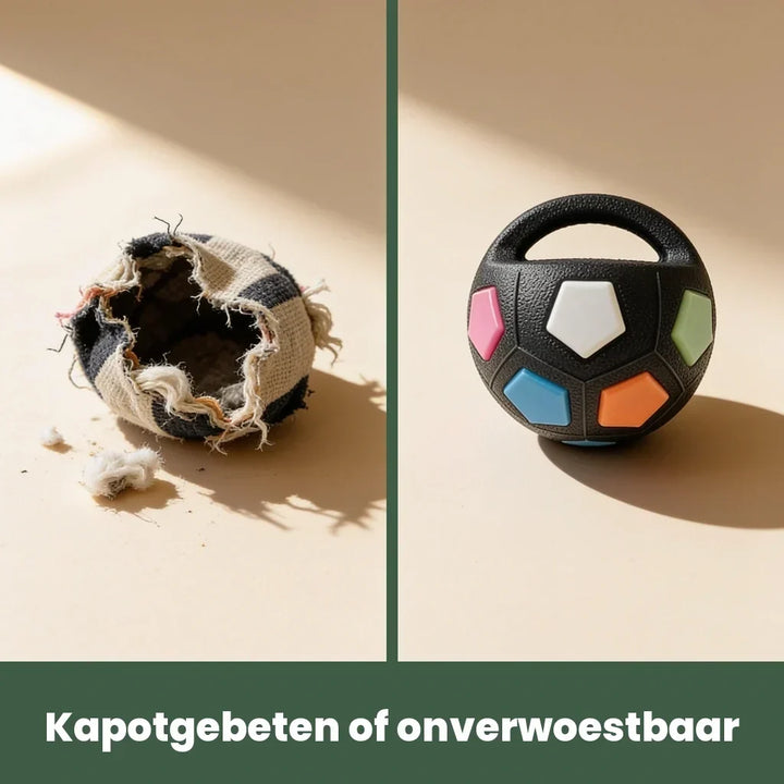 Vergleichsbild: links ein zerfetzter Stoffball mit Fasern, rechts der unversehrte schwarze Ball mit bunten Feldern und Griff. 6